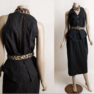 Vintage 80s Leopard Print Black Wiggle Dress Open Back Belt Rocker 1980s Peplum